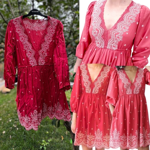 ULLA JOHNSON Clarice Embroidered Eyelet Lace Babydoll Dress, Scarlett - Sz 8 - Picture 1 of 16